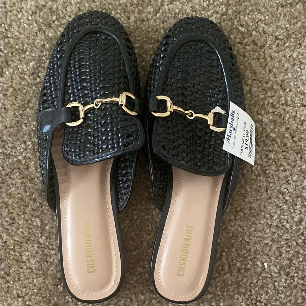 Woman’s Black Mules with Gold Hardware